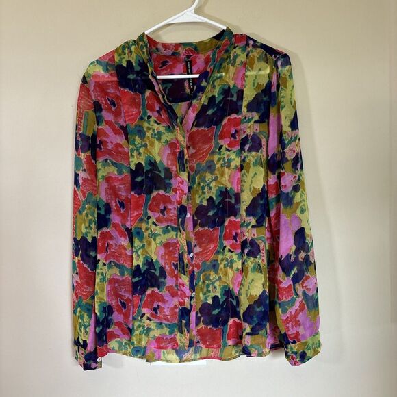 W118 By Walter Baker Blouse Floral Button Up Top Mandarin Collar‎ Sheer - Picture 1 of 10